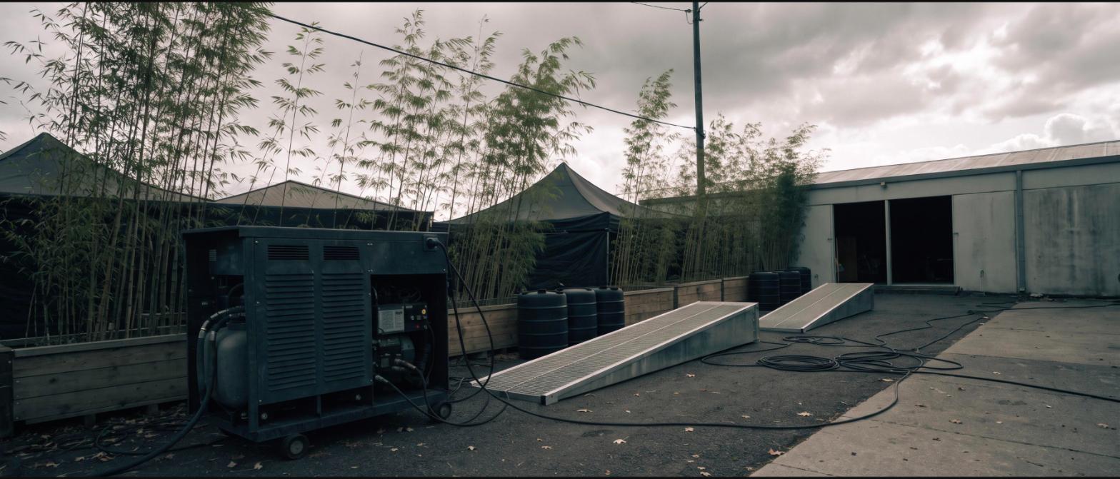 A diesel generator, cable ramps and water barrels partly screened by tall bamboo in planters at a festival back-of-house area