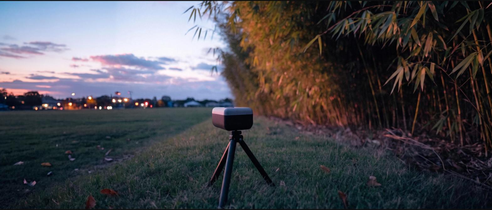 A sound level meter on a small tripod on grass beside a dense bamboo planting at dusk with distant stage lights